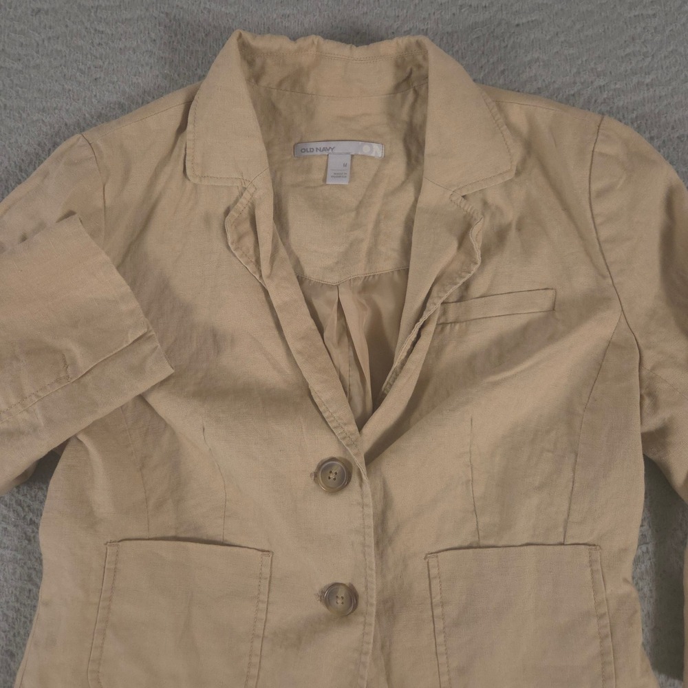 VINTAGE Old Navy Blazer Womens Medium Tan Linen Two Button Patch Pockets Y2K